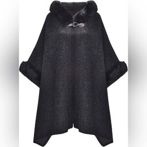Women Winter Fashion‎ Faux Fur Trim Layers Hood Cardigan Warm Cape Sweater Cloak